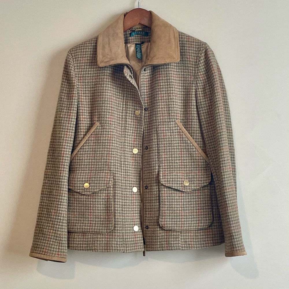 Vintage Lauren Ralph Lauren Houndstooth Wool Jacket Leather Trim Full Zip Sz S - Picture 2 of 12